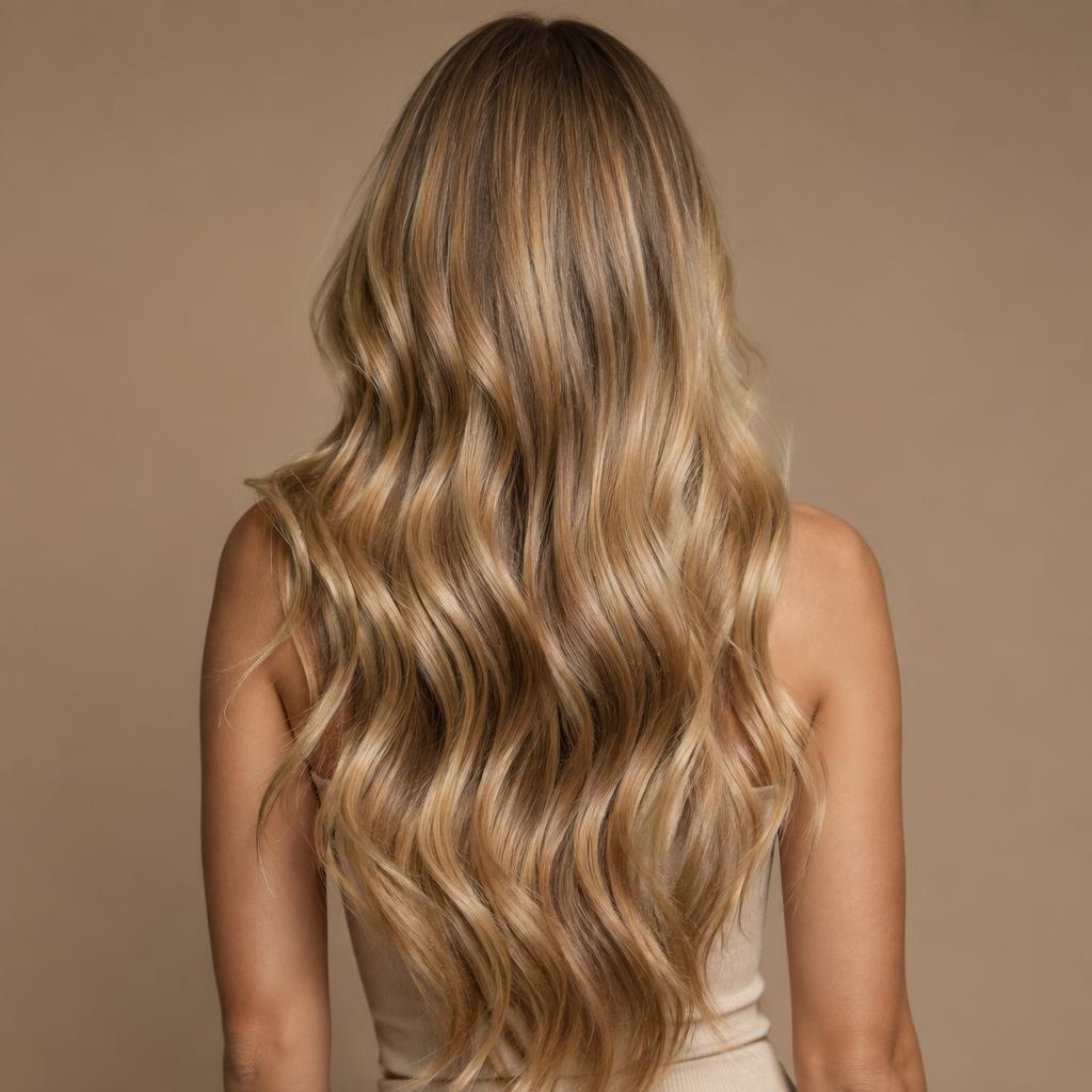 Long, voluminous hair extensions in warm caramel blonde