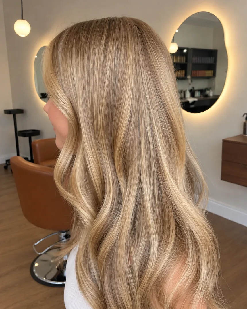 Long, dimensional honey blonde highlights finished at Salon Social