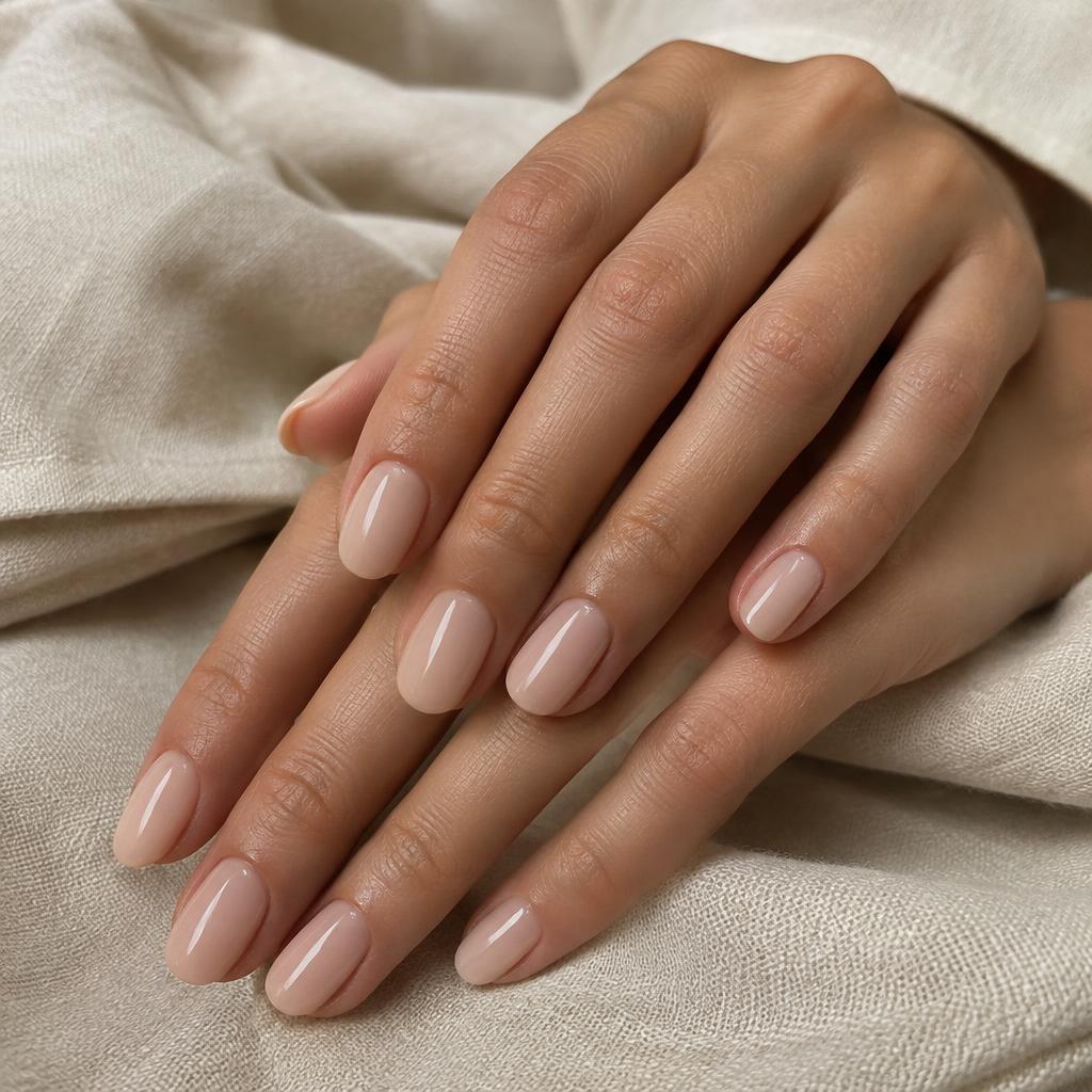 Fresh neutral gel manicure on a linen cloth
